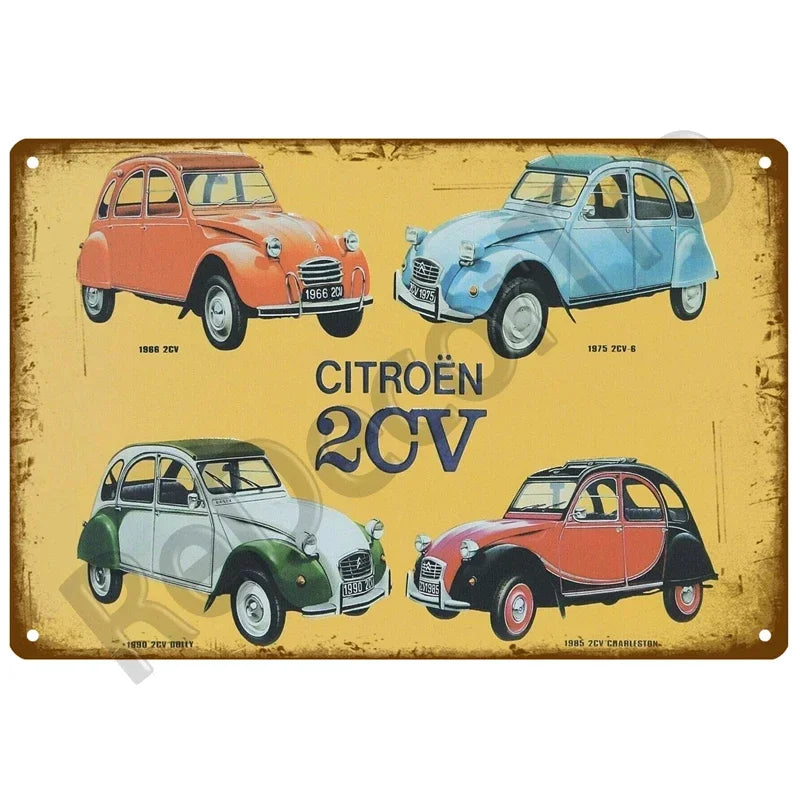 Plaques métal vintage, reproduction publicitaire décorative. 1930, véhicule 2CV Citroën France.