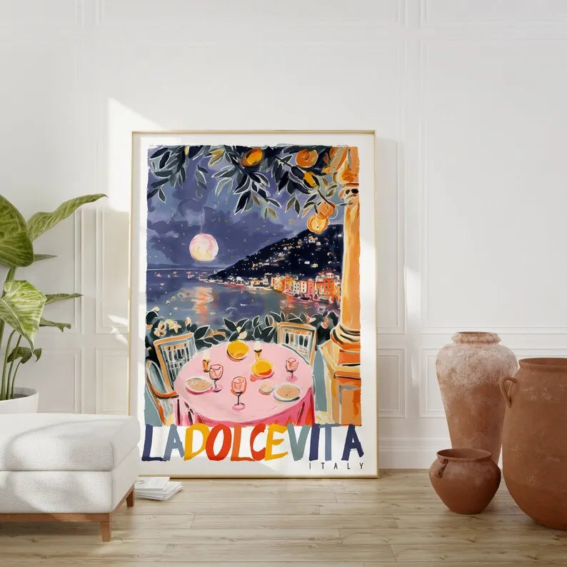 Toile déco, peinture au pistolet, représentation d'Italie, livré sans cadre, la dolce vita, spritz etc..