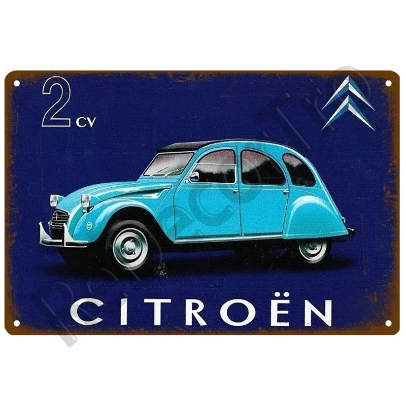 Plaques métal vintage, reproduction publicitaire décorative. 1930, véhicule 2CV Citroën France.