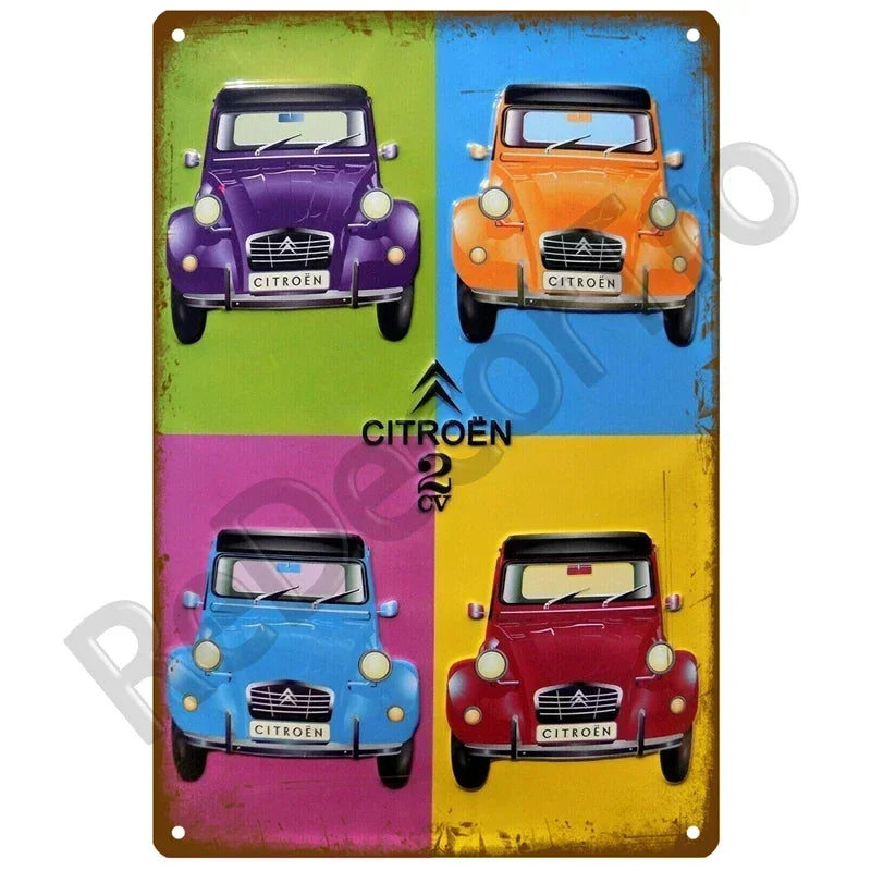 Plaques métal vintage, reproduction publicitaire décorative. 1930, véhicule 2CV Citroën France.