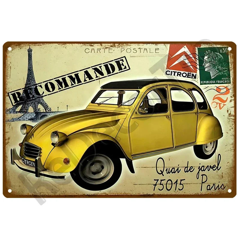 Plaques métal vintage, reproduction publicitaire décorative. 1930, véhicule 2CV Citroën France.