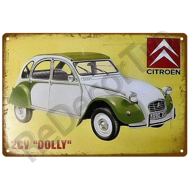 Plaques métal vintage, reproduction publicitaire décorative. 1930, véhicule 2CV Citroën France.