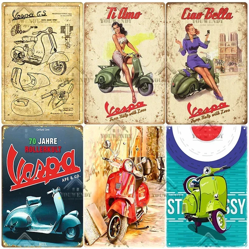 Plaques métal rétro-vintage sur le thème Vespa, déco reproduction d'importation publicitaire....