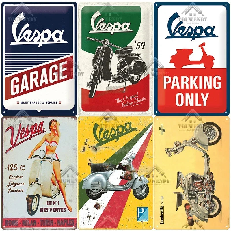 Plaques métal rétro-vintage sur le thème Vespa, déco reproduction d'importation publicitaire....