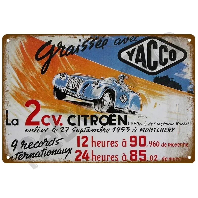 Plaques métal vintage, reproduction publicitaire décorative. 1930, véhicule 2CV Citroën France.