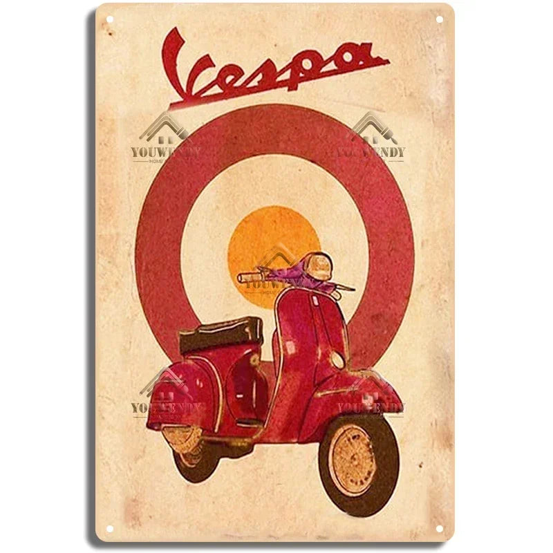 Plaques métal rétro-vintage sur le thème Vespa, déco reproduction d'importation publicitaire....